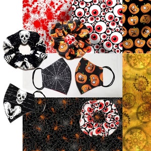 Könnte beinhalten: Ein Set Halloween-Stoffreste mit verschiedenen Mustern, darunter Augen, Kürbisse, Spinnen und Zahnräder. Die Stoffe sind in verschiedenen Farben, darunter Schwarz, Orange, Weiß und Rot.