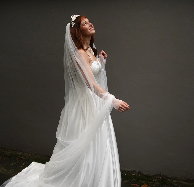 Voile de mariée 2 en 1 avec peigne et manchettes avec perles strass Touche orientale cathédrale longueur 3,5 m train bijoux de mariage exclusifs off white solo