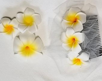 Frangipani Bride Cheveux Bijoux Fleur Tropicale Exotique Hawaii Caraïbes Plage Mariage Soirée Coiffure Plumeria Peigne Cheveux Plage Mariage Fleurs