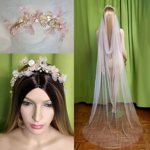 Sakura 3D-Blüte-Tiara Perlen Haarschmuck Haarnadeln Fee zauberhaft zart Blumenkranz Blumen Braut Schleier maßgefertigt Märchen Hochzeit