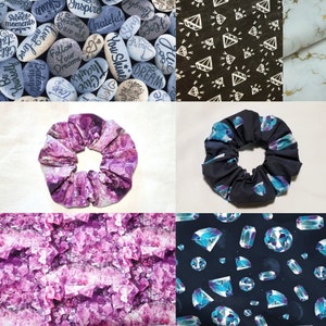 May include: A collage of images featuring various fabric patterns. The top left image shows a collection of painted stones with inspirational words. The top right image shows a black fabric with a white diamond pattern. The bottom left image shows a purple fabric with a crystal pattern. The bottom right image shows a black fabric with a blue and purple crystal pattern.