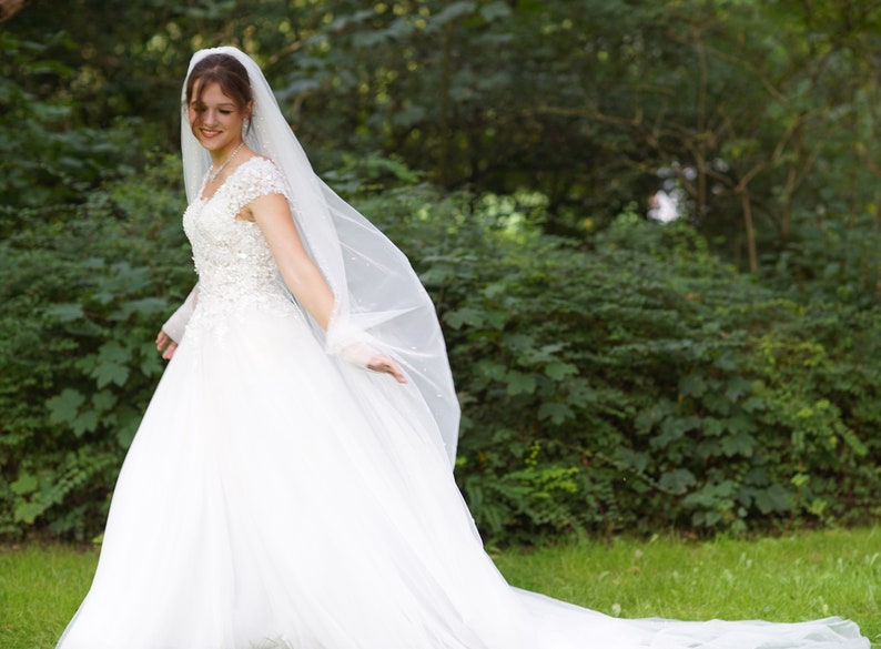 Voile de mariée 2 en 1 avec peigne et manchettes avec perles strass Touche orientale cathédrale longueur 3,5 m train bijoux de mariage exclusifs image 5