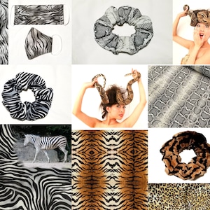 Könnte beinhalten: Eine Collage aus verschiedenen Stoffen mit Tiermustern, darunter Zebra, Tiger, Schlange, Leopard und Gepard. Die Stoffe sind in verschiedenen Mustern und Farben dargestellt, darunter Schwarzweiß, Braun und Orange sowie Grün und Braun.