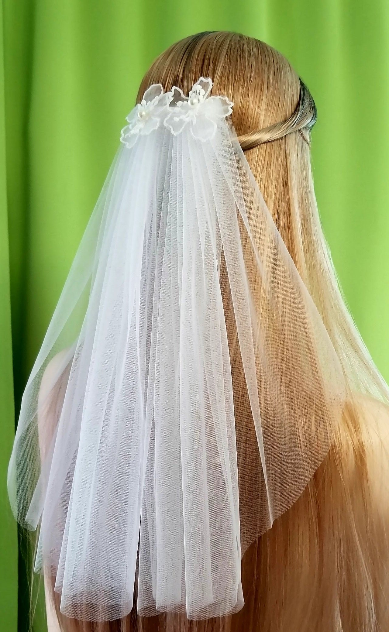 Bridal / Communion Veil Organza with Lace Flower Appliqué White Dainty lace appliqué for a beautiful cathedral length veil  main image 3