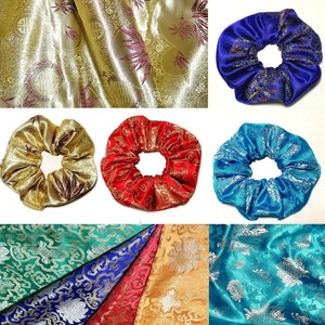 Lotus bamboo dragon hair tie brocade jacquard Asian chrysanthemum gold red green blue yellow brown festival scrunchie culture gift idea