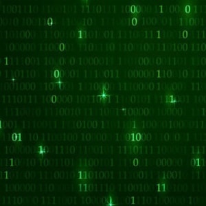 Puede incluir: Fondo digital verde con una matriz de c&oacute;digo binario, 0s y 1s, con estrellas verdes brillantes.
