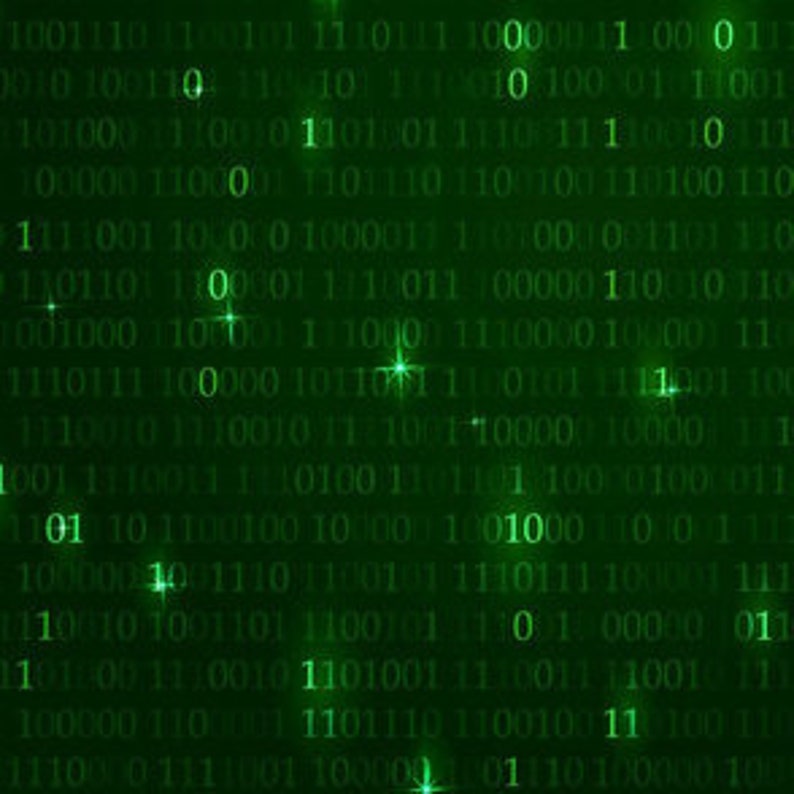 Puede incluir: Fondo digital verde con una matriz de c&oacute;digo binario, 0s y 1s, con estrellas verdes brillantes.