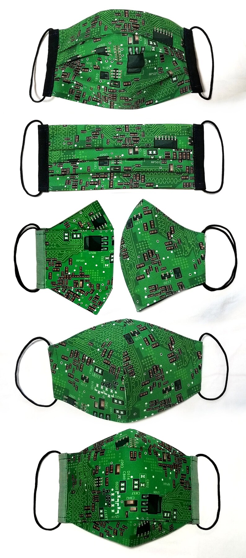 Puede incluir: Cinco mascarillas verdes con un patr&oacute;n de placa de circuito. Las mascarillas tienen lazos el&aacute;sticos negros para las orejas.
