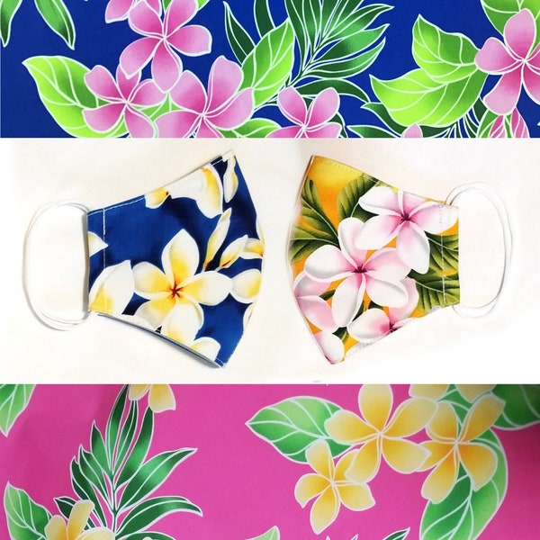 Hawaii Gesichtsmaske Tropische Blüten exotische Frangipani Hibiskus Ananas Palmenblätter Baumwollmaske Blumen bunt gelb pink blau plumeria