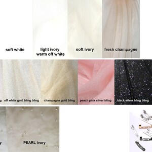 May include: A close-up of tulle fabric swatches in various colors, including true white, soft white, light ivory, soft ivory, fresh champagne, off white silver bling bling, off white gold bling bling, champagne gold bling, peach pink silver bling, black silver bling bling, and black. The swatches are arranged in two rows. The bottom row shows the same colors with pearl embellishments. The image also shows a collection of safety pins in silver, gold, and black.