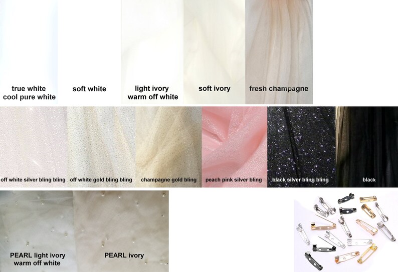 May include: A close-up of tulle fabric swatches in various colors, including true white, soft white, light ivory, soft ivory, fresh champagne, off white silver bling bling, off white gold bling bling, champagne gold bling, peach pink silver bling, black silver bling bling, and black. The swatches are arranged in two rows. The bottom row shows the same colors with pearl embellishments. The image also shows a collection of safety pins in silver, gold, and black.