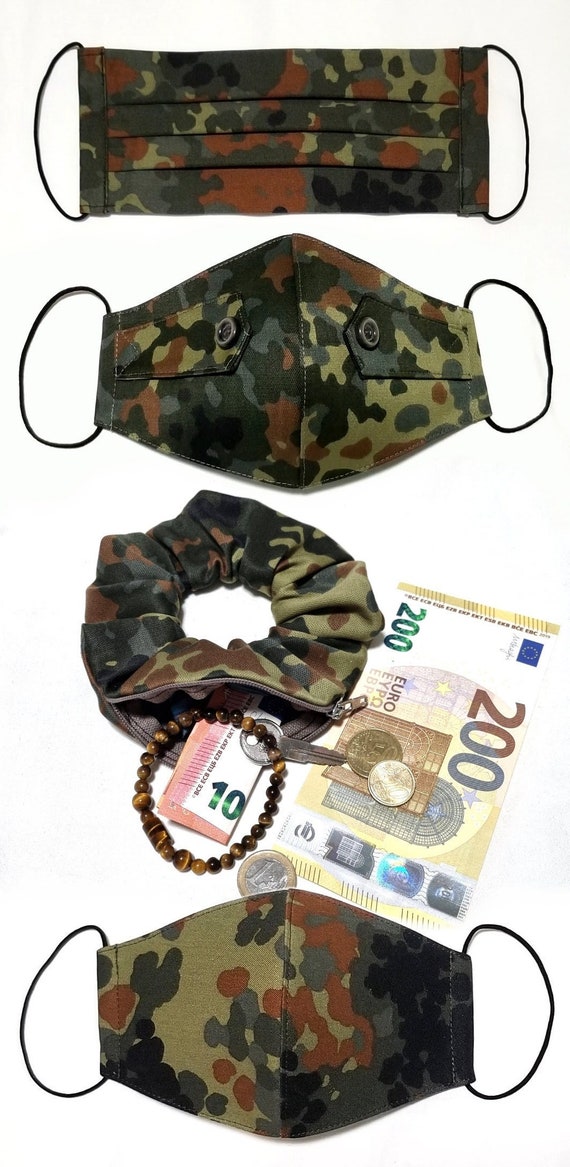 Military Look Camouflage Soldat Scrunchie Geldbörse Geheimfach  Gesichtsmaske Bundeswehr Army Style 3d-applikation Tarngrün Haargummi Nato  