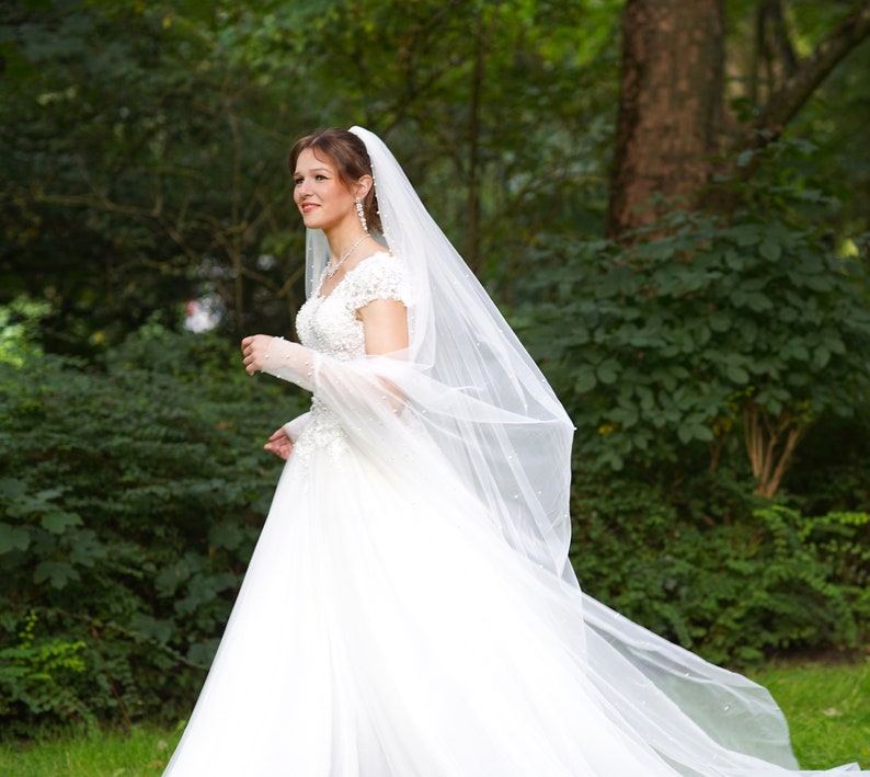 Voile de mariée 2 en 1 avec peigne et manchettes avec perles strass Touche orientale cathédrale longueur 3,5 m train bijoux de mariage exclusifs image 4