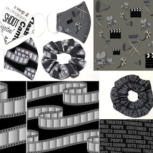 May include: A collection of black and white fabric designs featuring film strips, movie clapperboards, and director's chairs. The text "I stop my photography Flash Cam Shoot Digital" is visible on one of the designs.