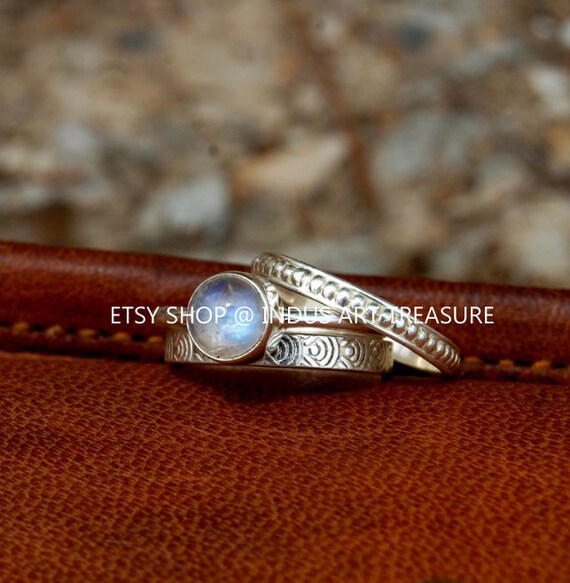 Rainbow Moonstone Stacking Ring Set 925 Sterling Silver Ring