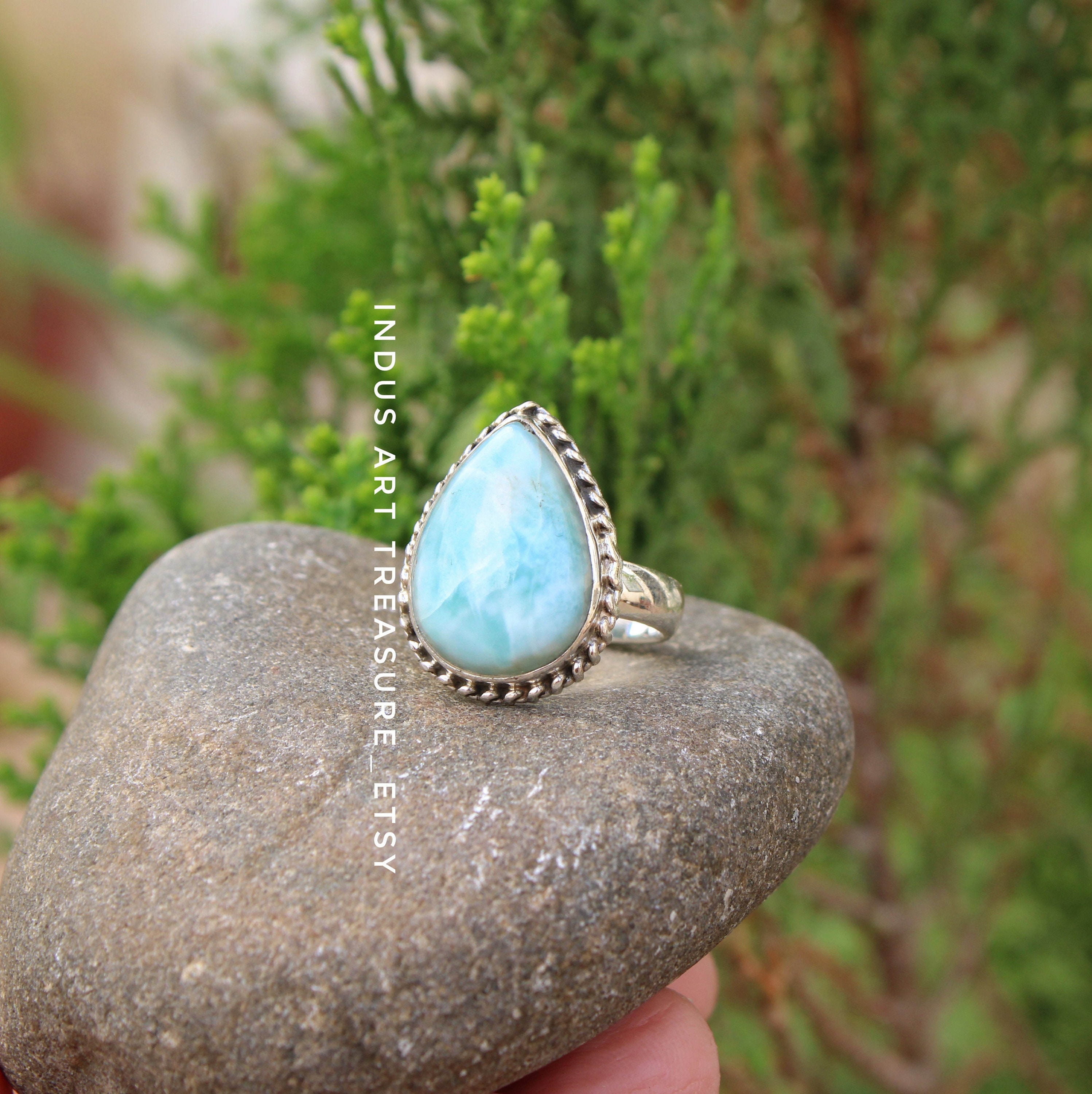 Sterling Silver Locket Ring with Natural Larimar Stones - Peace Treasure
