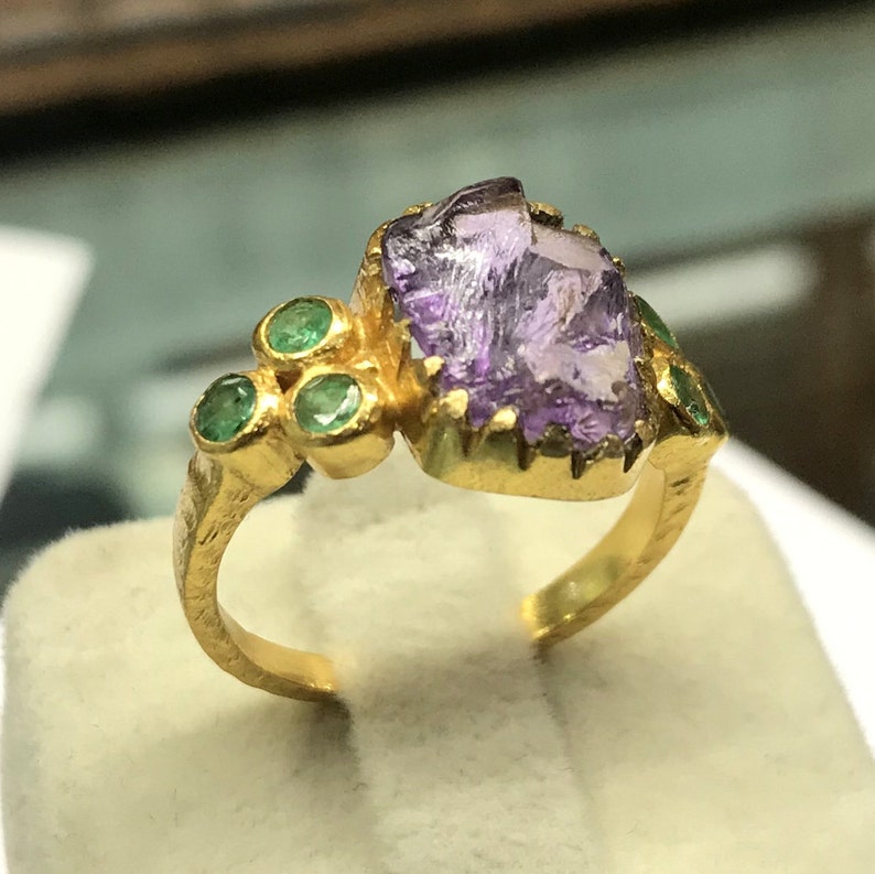 Lovely Raw Amethystemerald Statement Ring Emerald Ring 925 Etsy