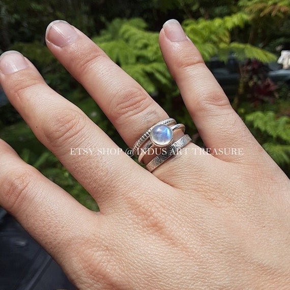 Rainbow Moonstone Stacking Ring Set 925 Sterling Silver Ring