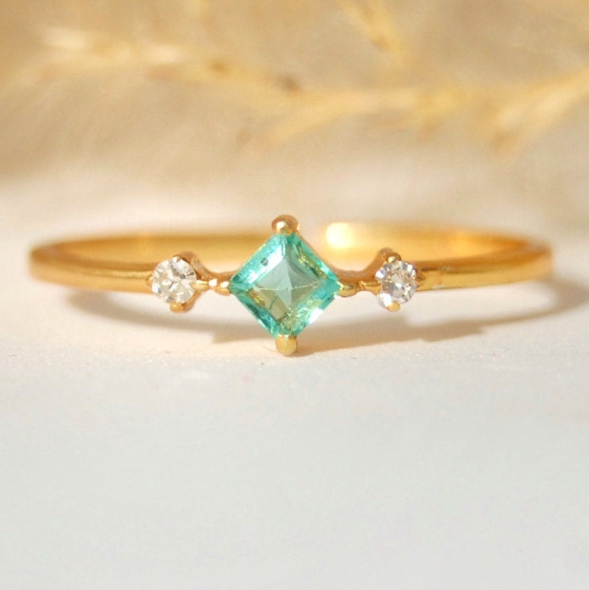 Diamond Emerald Dainty Gold Ring Engagement Ring Rose Gold | Etsy