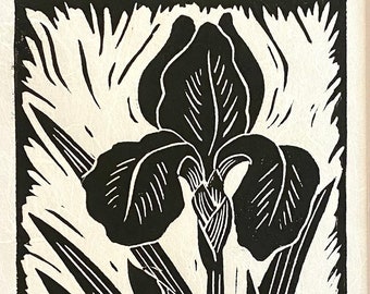 Iris - black and white block print - flower art - linocut print