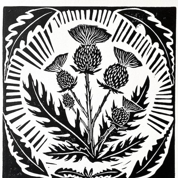 Scotch Thistle - black & white block print - linocut - scotch thistle art