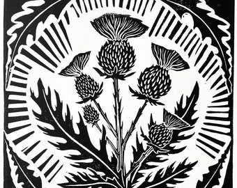 Scotch Thistle - black & white block print - linocut - scotch thistle art