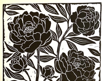 Large linocut print - Peonies Black and White - block print - botanical print