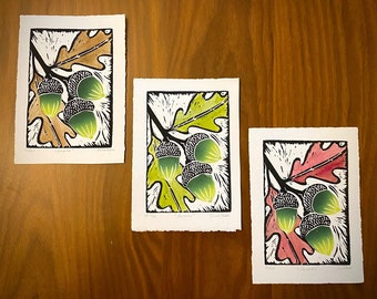 Acorns Set of 3 - Handmade Block Print - Linocut - Botanical Print - Colorful Artwork - Oak Leave
