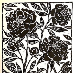 Großer Linoldruck - Pfingstrosen schwarz und weiß - Blockprint - botanischer Druck