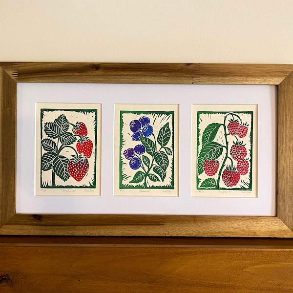 Triple berry block print set - blueberries - strawberries - raspberries