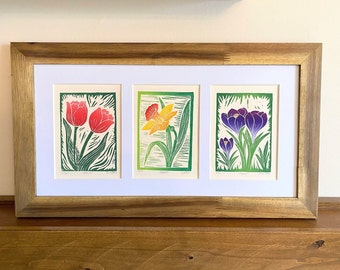 Fleurs printanières - Lot de 3 - Impressions florales printanières - Tulipe jonquille Crocus - Linogravure