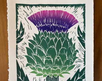 Globe Artichoke - Linocut print - Thistle Artwork - Botanical Print - Floral Art