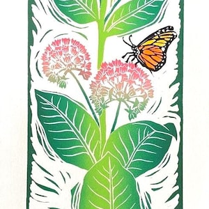 Algodoncillo y Monarca - impresión en bloque - linograbado de flores silvestres - arte de mariposas