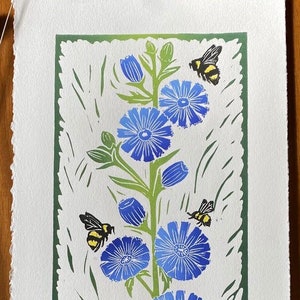 Chicory Linocut print - Wildflowers and Bumblebee - Large block print - colorful flower art