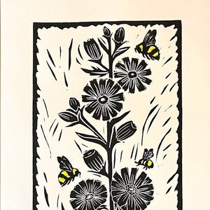 Chicory & Bumblebees linocut print - wildflower block print art