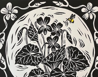 Violets - black and white block print - flower and bee art - Birth month Flowers - Violets for February