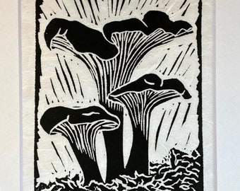 linocut print Chanterelles - Mushroom Block Print - Handmade - Botanical Print -Woodland Art