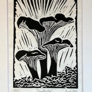 linocut print Chanterelles - Mushroom Block Print - Handmade - Botanical Print -Woodland Art