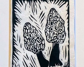 Linocut Print -Morels Mushrooms - Block Print Art - Botanical Print - Kitchen Art