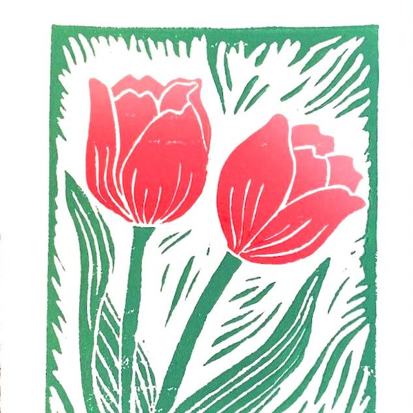 Tulips Block Print - Floral Linocut print - Spring Flowers