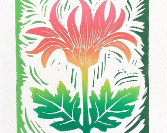 Chrysantheme - floraler Block Druck - Linoldruck - farbenfrohe Blumenkunst