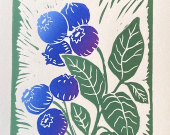 Blueberries Block Print - Colorful Linocut Print