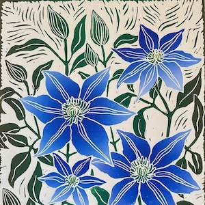 Clematis in June - Handmade Block Print - Colorful Flowers - Linocut art - Botanical Print - Garden Flowers - Floral Art - Large Block Print