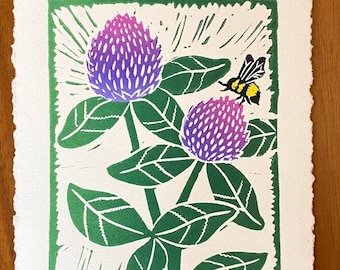 Clover & Bee - flower block print - linocut art