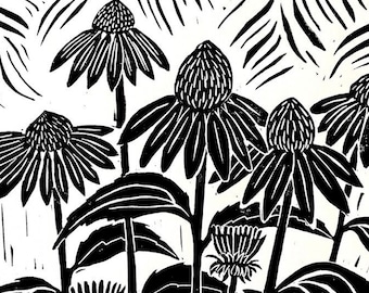 May include: Black and white woodcut print of a cluster of echinacea flowers with long stems and leaves. The print is titled "Echinacea" and signed "L.B. 2021".