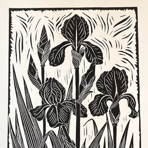Bearded Iris - Black and White block print - large linocut print
