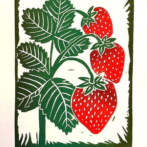 Erdbeeren Block Print - Bunter Linoldruck