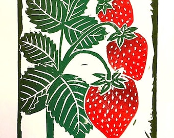 Strawberries Block Print -  Colorful Linocut Print