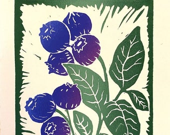 Blueberries Block Print - Colorful Linocut Print
