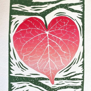 May include: A red and white heart-shaped leaf print with a green background. The print is titled "Eastern Redbud" and numbered 5/50.